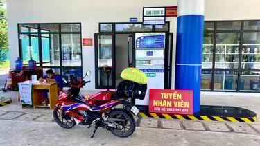 a motorcycle parked in front of a gas station
