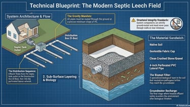 Technical diagram showing a modern septic leach field system architecture, soil layering, and PVC lateral pipes.