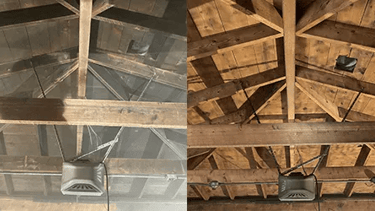 Before and after fire damage restoration showing smoke soot removal from attic wood rafters.