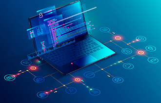 a laptop computer with a laptop on a blue background