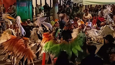 Campeche Carnaval procession of feathered  dancers