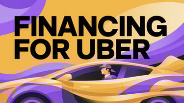 Financing for Uber written over a man driving a car with a yellow and purple background