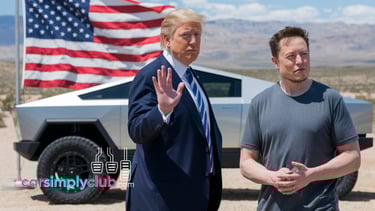 A representation of Donald Trump and Elon Musk with cybertruck and US flag in the background