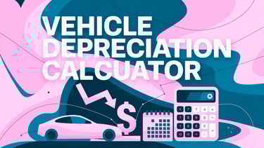 Vehicle Depreciation Calculator written on top of a Car a dollar sign and an arrow pointing down