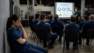 funcionários da fabrica recebendo treinamento de segurança uma funcionaria surda sem entender nada