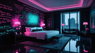 Modern luxury hotel room with neon pink and blue lighting and artistic wall graffiti.