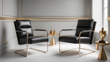 a pair of chairs with a table and vases