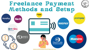 Freelance payment methods and setup options, including WorldPay, Skrill, Pick n Pay, Direct Debit, W