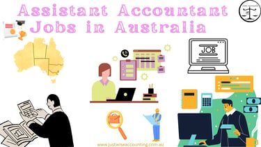 Assistant Accountant Jobs in Australia. A graphic with various accounting-related images and a map o