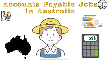 Accounts payable jobs in Australia. A cartoon man with a yellow hat and blue overalls stands next to