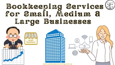 Bookkeeping services for small, medium & large businesses. Cartoon man and woman with graphs and bui