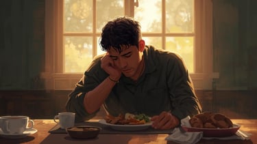 Person reflecting on food and emotions, Friend Indeed emotional support resource on eating disorders