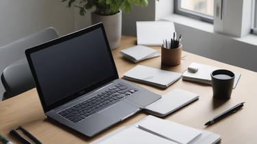 A sleek workspace with a laptop and notepad, symbolizing productivity.