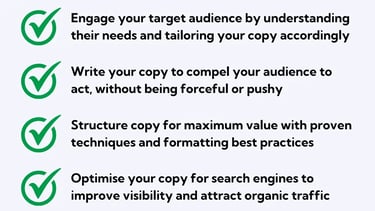 Copywriting best practices - engage, compel, offer value, optimise for search engines