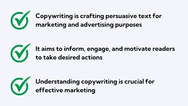 Copywriting is crafting persuasive text for marketing and advertising