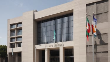 A modern university building with three flagpoles, two displaying flags, in front of its entrance. The building has a sleek design with clean lines and a neutral color palette. The name 'Trnavska Univerzita' and a seal are visible on its facade.