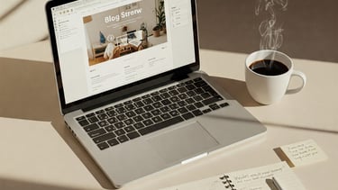 Vista de escritorio con ordenador portátil abierto en una página de blog.