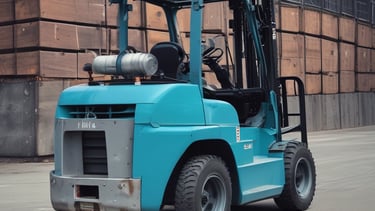A large industrial space with massive machinery, including engines and generators. Two workers are operating and maintaining the equipment on a checkered floor under a high ceiling with steel beams.
