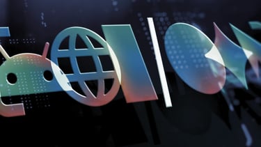Fundo abstrato de tecnologia apresentando o mascote do Android, ícone de globo e formas geométricas.