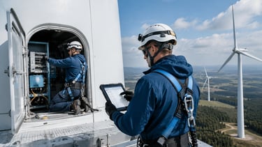 Wind turbine maintenance technician performing inspection and field condition reporting