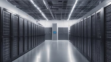 Rows of solar panels are arranged in a diagonal pattern across a green field. The panels are uniformly spaced and cover a large area, emphasizing renewable energy and sustainability.