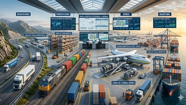 "Infográfico realista dos modais rodoviário, ferroviário, aéreo e marítimo."