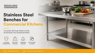 Heavy duty 304 grade stainless steel benches for commercial kitchens.