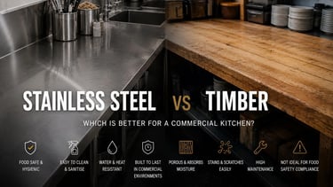 Side-by-side view highlighting stainless steel vs timber benchtops for kitchens.