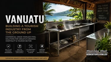 Open-air restaurant wash station featuring durable stainless steel benches Vanuatu.