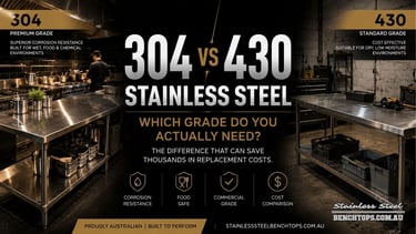 Visual comparison breakdown between 304 vs 430 stainless steel work benches.