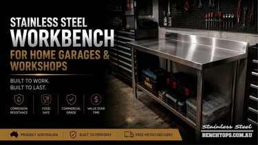 Heavy-duty tool table and stainless steel workbench in a garage workspace.