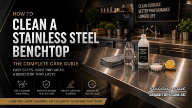 Cleaning supplies arranged on a counter for how to clean a stainless steel benchtop.