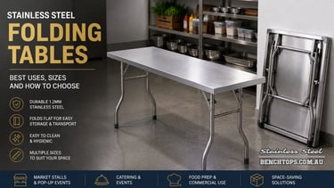 Commercial Stainless Steel Folding Table set up next to a flat-folded unit in a professional kitchen.