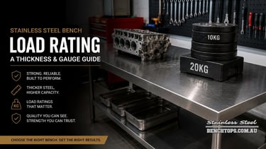 Metal weights on a workshop counter showing stainless steel bench load rating capacity.