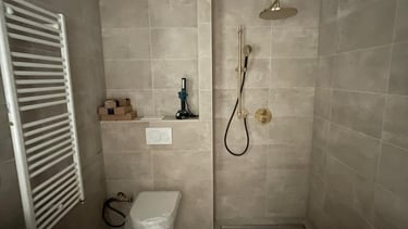 Moderne badkamer met inloopdouche, wandcloset en handdoekradiator in woning in Rotterdam-Hoogvliet