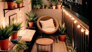 Cozy apartment balcony at night with warm string lights, potted plants, and city skyline views.
