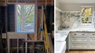 Before and after luxury kitchen renovation in New England — window repositioned on site to frame maple tree view