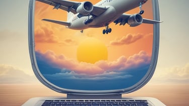 A split-screen image shows a digital airport departure board on the left with flight information for various U.S. destinations and an advertisement on the right side. The flight board displays destination, flight number, gate, and status for flights in French and English. The advertisement features text that likely promotes a product or service.