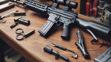 A close-up view of a firearm accessory with detailed engravings and mounted components, showcasing intricate metalwork and a tactical design.