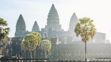 Ancient Angkor Wat temple basking in beautiful sunlight.