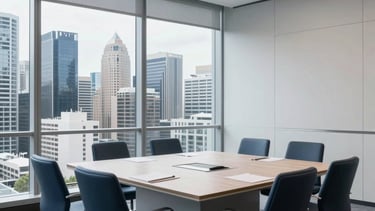 A bright, professional meeting room in an Australian corporate building, minimalist furniture, large windows showing a modern Sydney cityscape, soft natural lighting, clean lines, featuring professional blue and light grey tones.