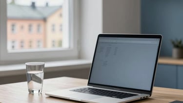 A clean, modern home office setup in Northern European style. A sleek silver laptop sits on a light wood desk next to a contemporary glass of water. Through the window, blurred Estonia architecture and soft daylight. The aesthetic is professional and efficient, with subtle slate blue and off-white accents in the room decor.