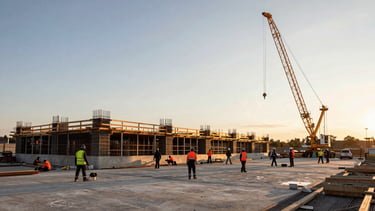 Panoramic wide environmental shot, a full crew working on a large concrete pour at an industrial construction site in northern Denmark, golden hour light raking across the formwork, crane silhouetted against pale sky to the right, workers spread across the frame in active positions, no posed arrangement