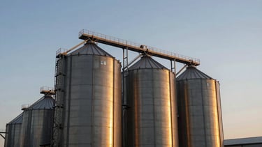 Industrial grain silos at sunset, golden light reflecting on steel structures, expansive sky, clean composition.