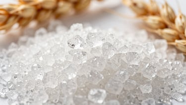 Macro close-up of raw sugar crystals and golden wheat grains, sharp focus, clean technical lighting.