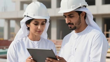 A lifestyle shot of two professionals in traditional Gulf attire and hard hats reviewing a digital tablet together on a construction site. The background shows a clean, modern building under construction.