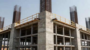 A detailed shot of reinforced concrete and steel foundations at a large-scale industrial site. The low-angle photography emphasizes the strength and reliability of the construction work in a Gulf environment.