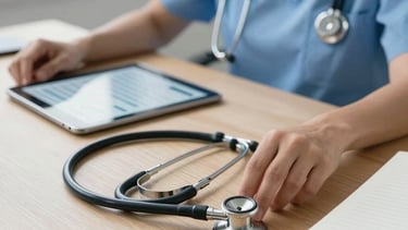 A professional and compassionate photography of a modern UK healthcare office. A clean wooden desk features a classic stethoscope, a digital tablet with a patient management interface, and a notebook. Soft, bright natural light fills the space, with a palette of Alice Blue and deep Charcoal. The setting is efficient and trustworthy.