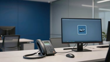 A professional corporate office interior in a modern building in São Paulo, South American / Brazilian style. The scene features a sleek desk with a high-end telephone system and a computer monitor, symbolizing a tele-service hub for the automotive sector. The color palette includes deep blue and slate blue wall accents with light gray furniture. Soft, natural daylight illuminates the clean, minimalist composition. High-quality commercial photography.