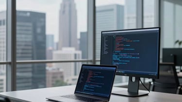 A professional high-end workspace in a modern glass office building, featuring a sleek desk with a minimalist laptop and a vertical second monitor showing lines of code. Soft daylight filters through large windows overlooking a global city skyline. The color palette includes silver gray, deep black, and vibrant blue accents. Global / International setting.